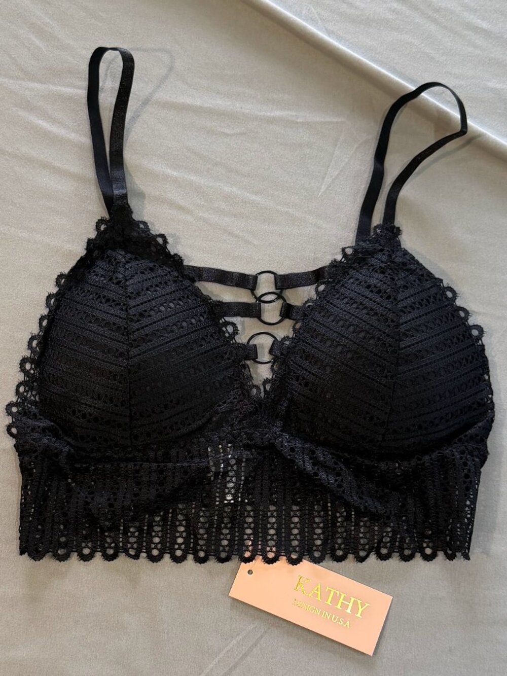 Kathy Women’s Keyhole Lace Bralette Padded Adjustable Straps Black Size S/M NWT